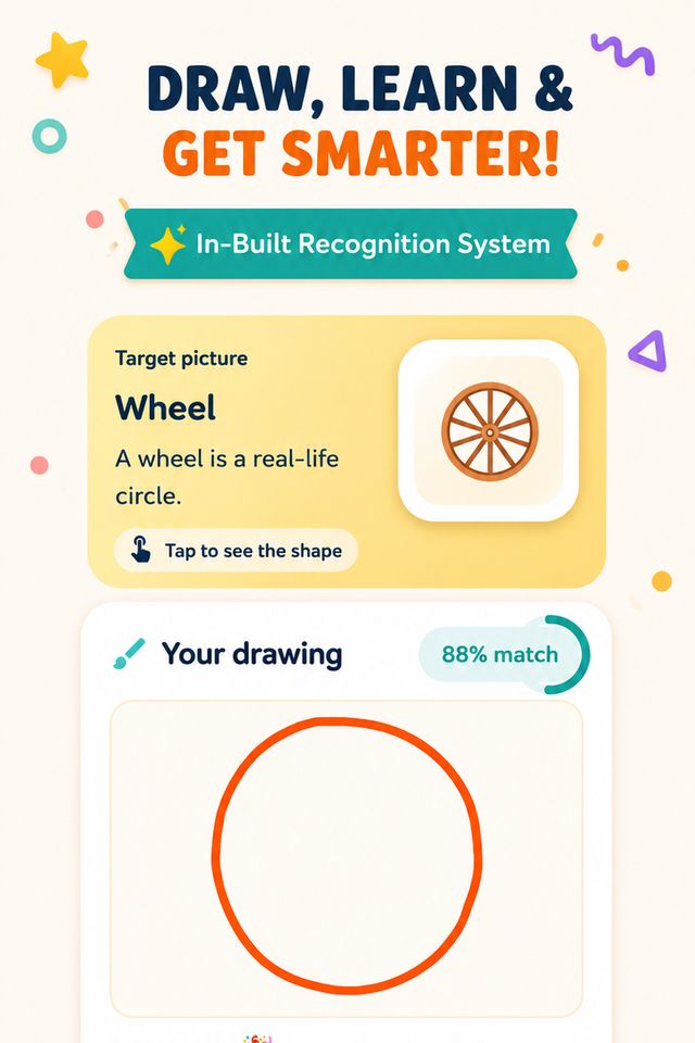 Lesson card showing recognition match, stars and a Learn About Circle mini-lesson