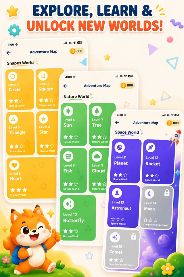 Adventure Map showing Shapes, Nature and Space worlds with level cards
