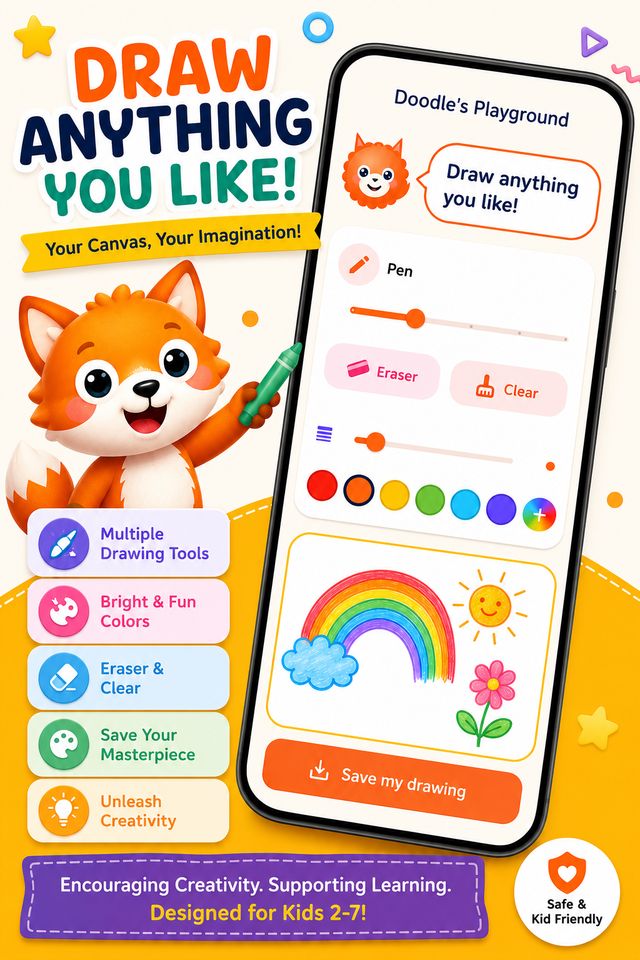 Doodle's Playground free-draw screen with tools, colours and a child's rainbow drawing