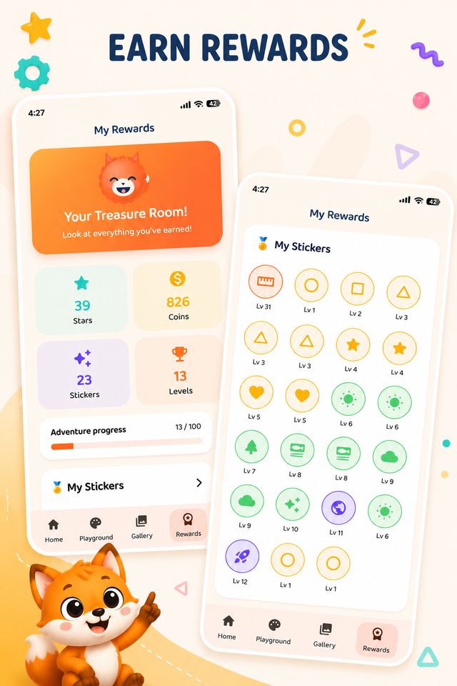 Treasure Room rewards screen with stars, coins, progress bar and a sticker collection