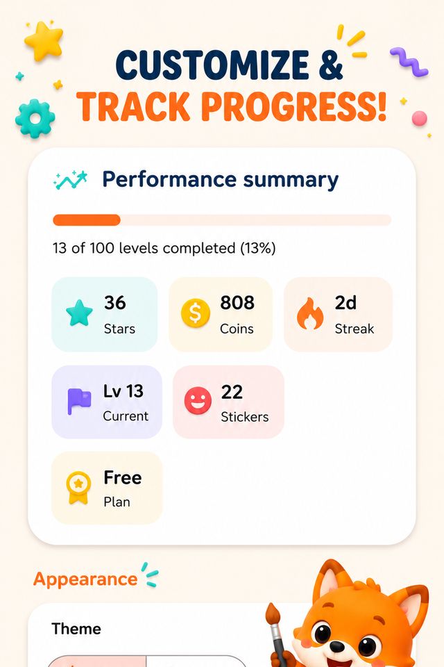 Settings screen with performance summary, theme toggle and Go Premium option